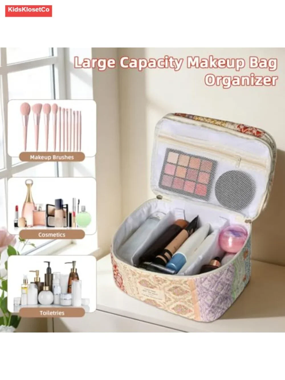 Large Capacity Quilted Cotton Cosmetic Bag Travel Toiletry Organizer with